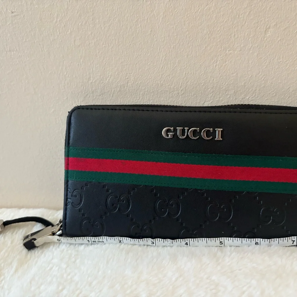 Black Leather Zip-Around Wallet with Signature Web Stripe